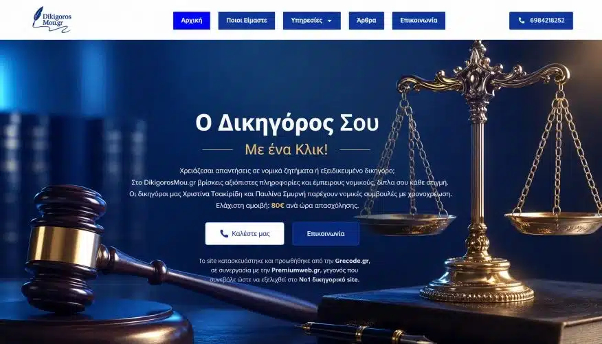 Αρχική σελίδα της ιστοσελίδας DikigorosMou.gr, σχεδιασμένη από τη NaftilosWeb