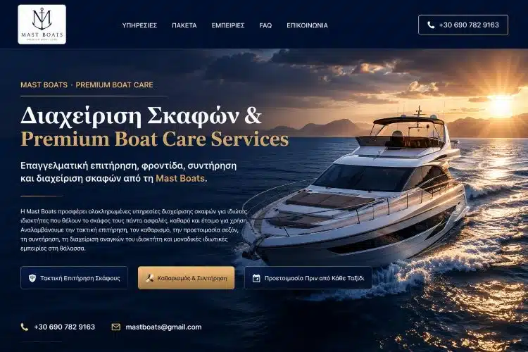 Αρχική σελίδα της ιστοσελίδας Mast Boats, σχεδιασμένη από τη NaftilosWeb